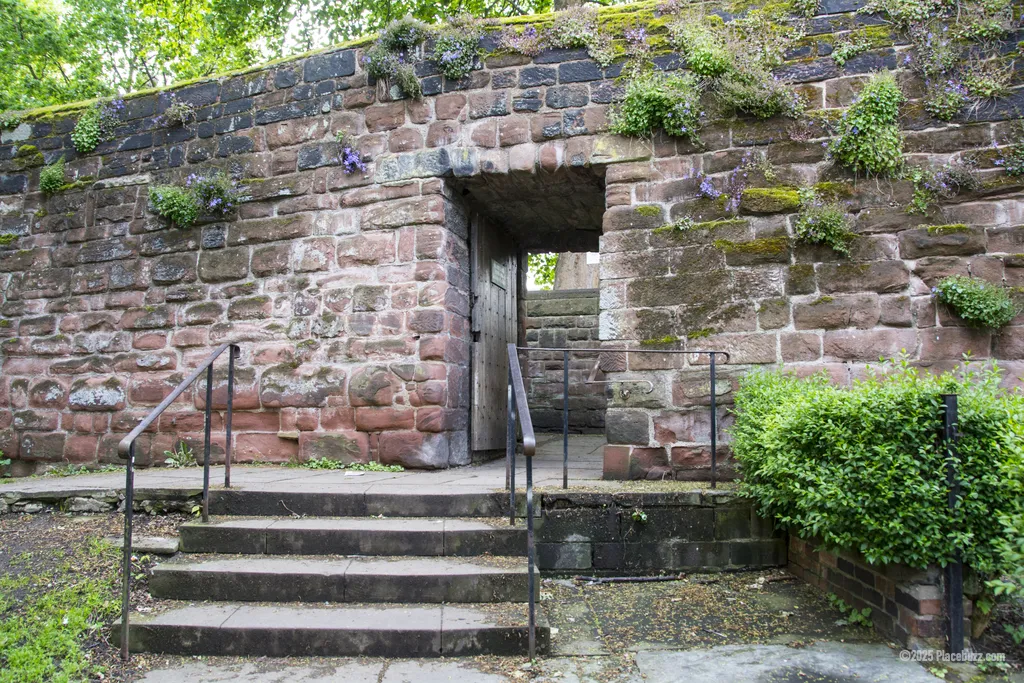 Chester - Old wall with wooden gate and stairs